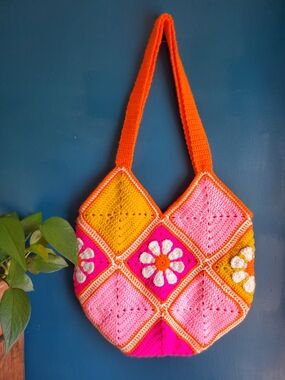 Handmade Orange & Pink Crochet Daisy Tote Bag